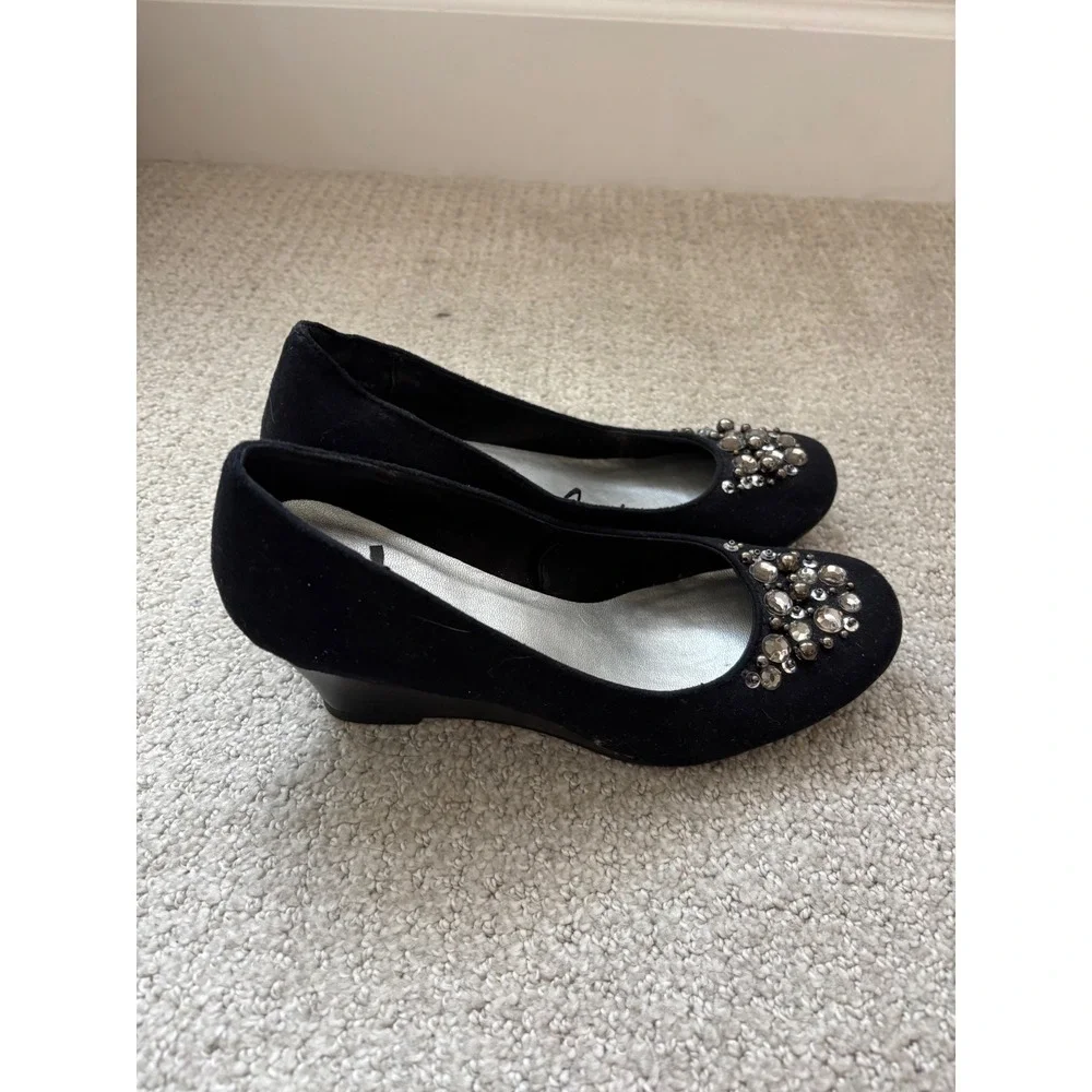 Report Wedge Heels Womens 8 Black Rhinestone‎ Embellished Low Pump Evening Glam